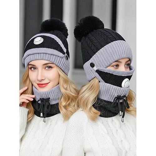 Dreiteiliges Winterset für Damen – weiche Kunstfellmütze, atmungsaktive Maske und Strickschal mit Fleecefutter, erhältlich in verschiedenen Farben, perfekt für kaltes Wetter und Outdoor-Aktivitäten Image