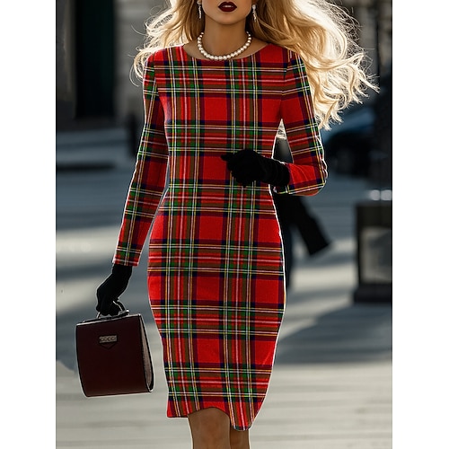 Damen Minikleid T-Shirt-Kleid Lässig Halbformelle Kleider Täglich Büro Normale Passform Geometrisch Hahnentrittmuster Langarm Rundhalsausschnitt Blau Dunkel Braun Rosa Rote Frühling Herbst Winter Image