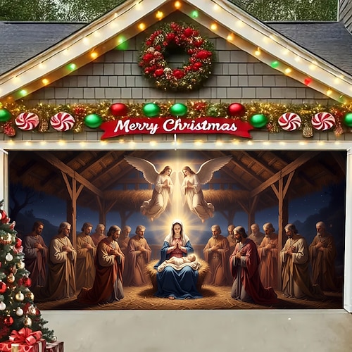 Weihnachts-Garagentor-Abdeckung mit Krippenmotiv 2025, große hängende Kulisse, religiöses Feiertags-Wandbild, Außendekoration, Party-Fotohintergrund, Garten, festliche Weihnachtsdekoration Image