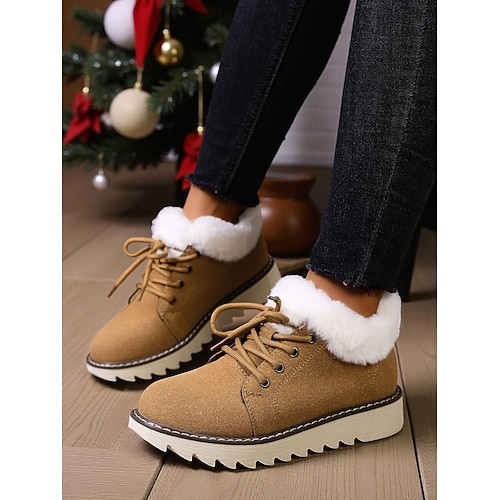 Damen-Winterstiefel in Khaki mit Fellbesatz – stylische, lässige Stiefeletten mit weichem Kunstfellfutter, kuschelig warm für den Winter, ideal für den Alltag und die Winterferien Image