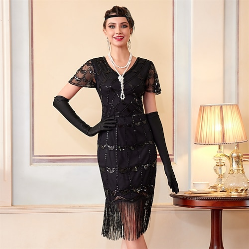 Goldene Zwanziger 1920er Knielang Flapper Kleid Kurze Ärmel Der große Gatsby Pailletten Fransen V Ausschnitt Kostüm Damen Weihnachten Karneval Maskerade Retro-Mottoparty Charleston-Tanz Erwachsene Image