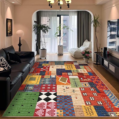 Farbenfroher Teppich im Dopamin-Stil, weicher belgischer Samtteppich mit TPR-Rückseite, Vintage-Boho-Design, Wohnzimmer-, Schlafzimmer-, Sofa- und Heimdekorationsteppich Image