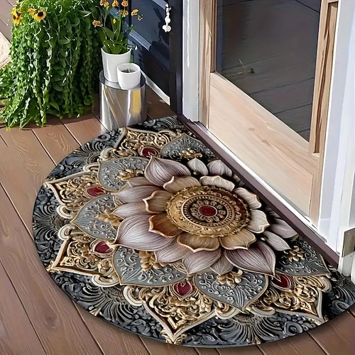 Fußmatte, halbkreisförmig, Mandala-Muster, Eingangsbereich-Teppich, schmutzabweisend, strapazierfähig, für Haustür, Flur, Schlafzimmer, Innenbereich, rutschfest, pflegeleicht, Heimdekoration Image