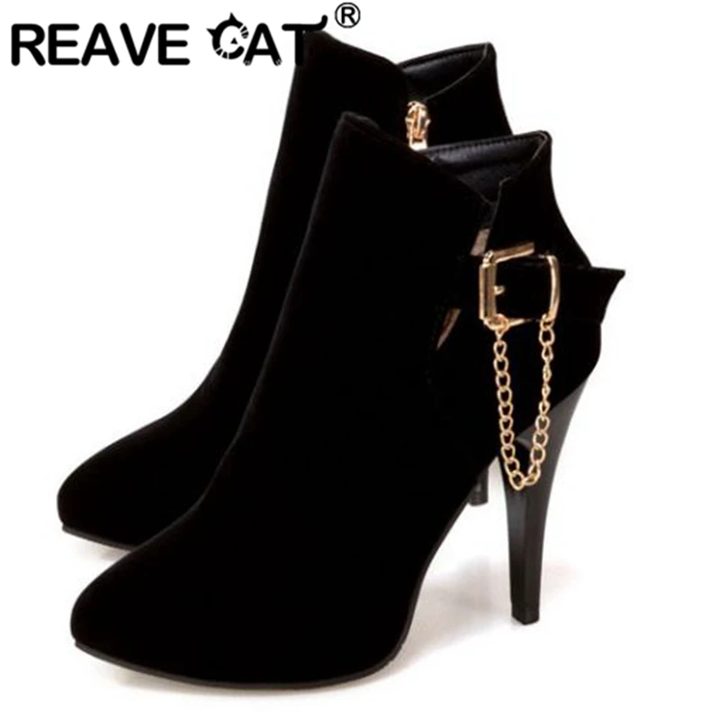 REAVE CAT 2025 Neue Damenschuhe Flock Stiefeletten Spitzschuh Dünne Fersen Flock Schnalle Große Größe 30–50 Schwarz Blau Rot Weibliche mujer
