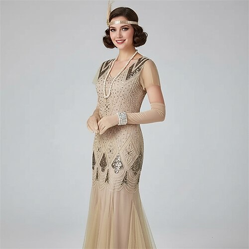 Set Goldene Zwanziger 1920er Cocktailkleid Knöchellänge Kleid Outfits Abschlussballkleid mit Zubehör Kurze Ärmel Der große Gatsby Übergrössen Hochzeitsgast Quastenfransen Quaste V Ausschnitt Kostüm Image