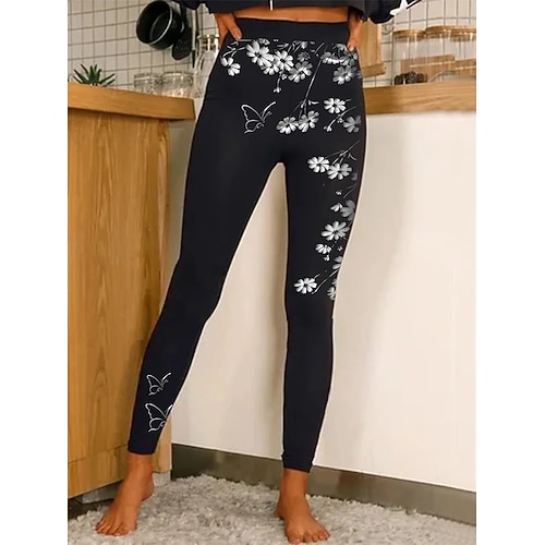 Damen Yogahose Bauchkontrolle Kolbenheber Rasche Trocknung Hoher Taillenbund Yoga Fitness Fitnesstraining Kurz geschnittene Leggings Unten Blumen Golden Schwarz Schwarze Mischung Sport Sportkleidung Image