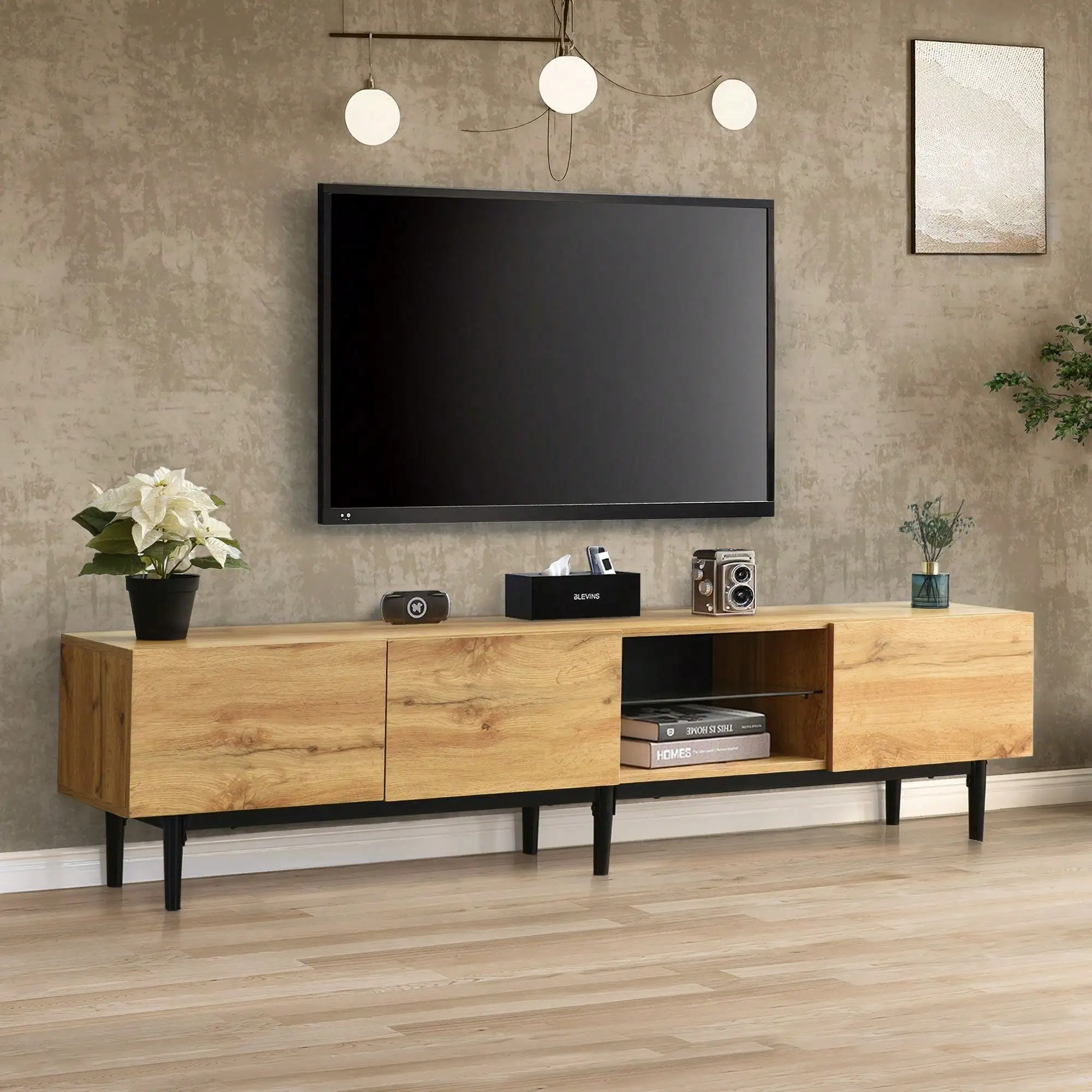 KOMHTOM Meuble TV, meuble TV Lowboard avec lumière LED pour téléviseurs jusqu'à 80 pouces, meuble TV avec 3 portes et espace de rangement