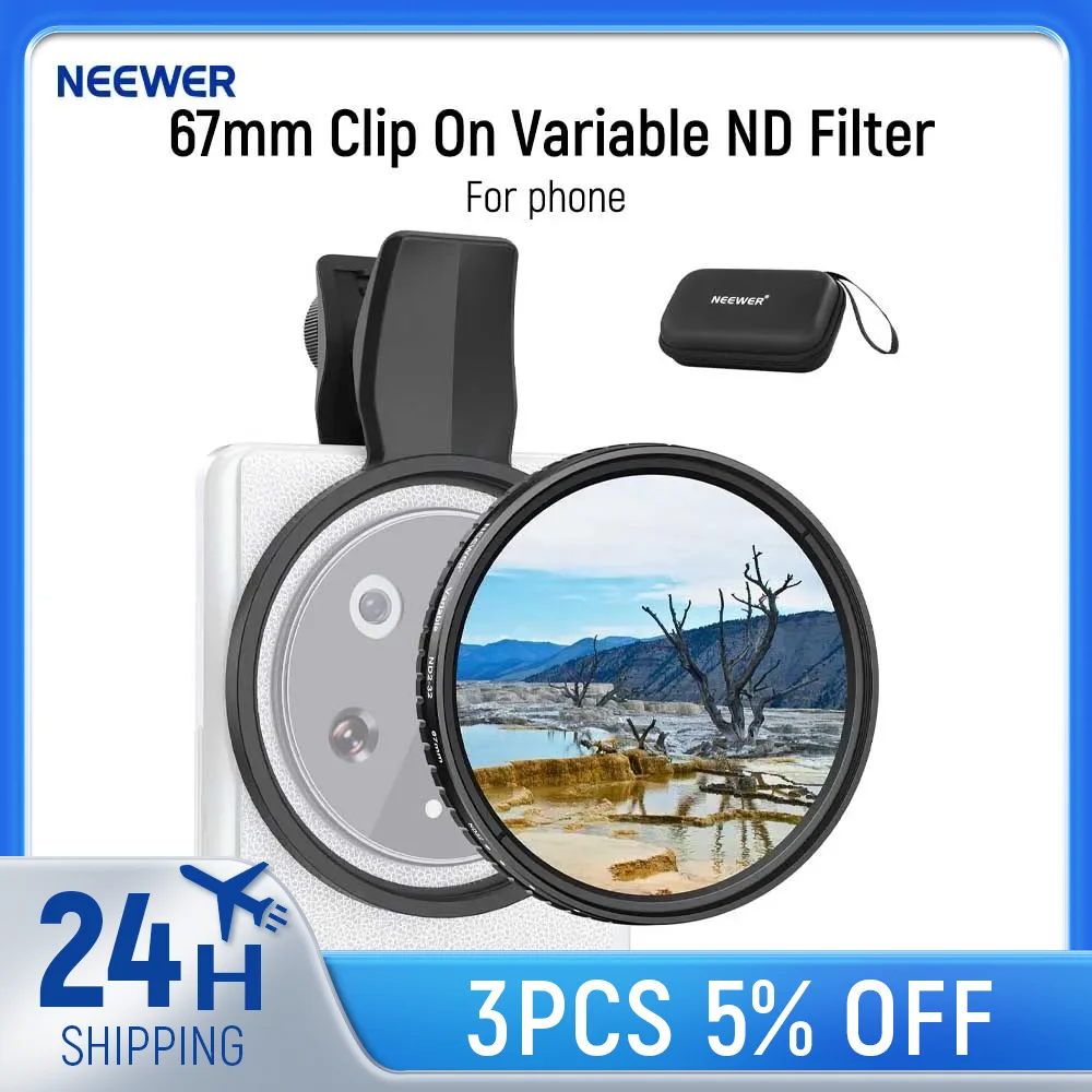 NEEWER 67 mm Clip-On-Variabler ND-Filter für Telefon, ND2-32 1–5 stoppt Neutral Density Photography Lens Accessories Kit für Android Image