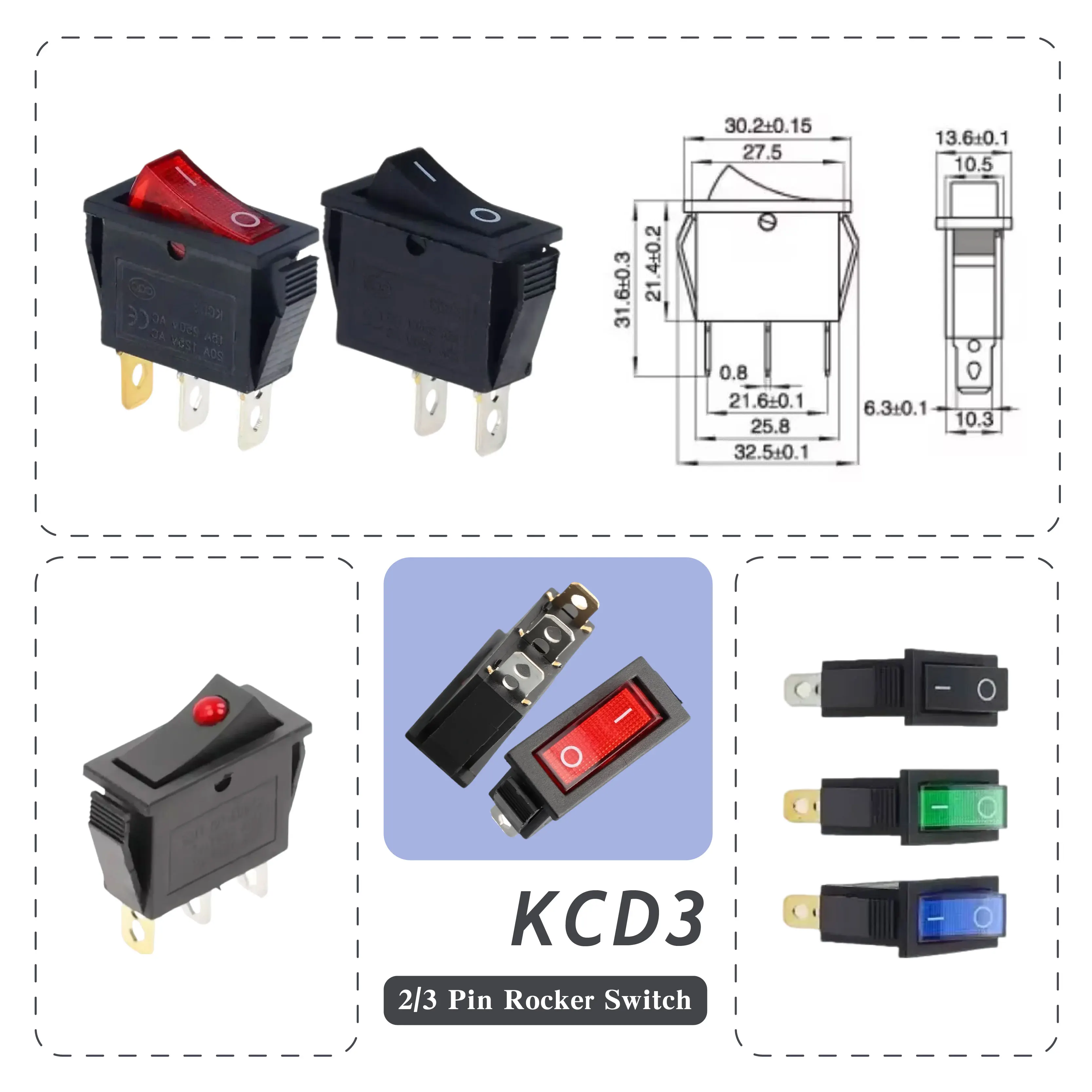 Wippschalter KCD3 LED ON-OFF 2/3Pin 16A 250V mit Kontrollleuchte Image