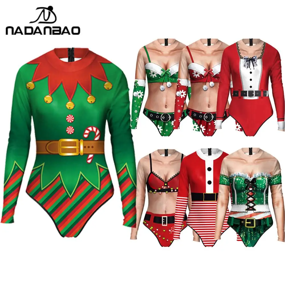 NADANBAO Damen-Monokini mit Weihnachtsfeier-Aufdruck, einteilig, langärmelig, für Sport, Surfen, Damen, Schwimmen, Badeanzug, Strandbadende Image