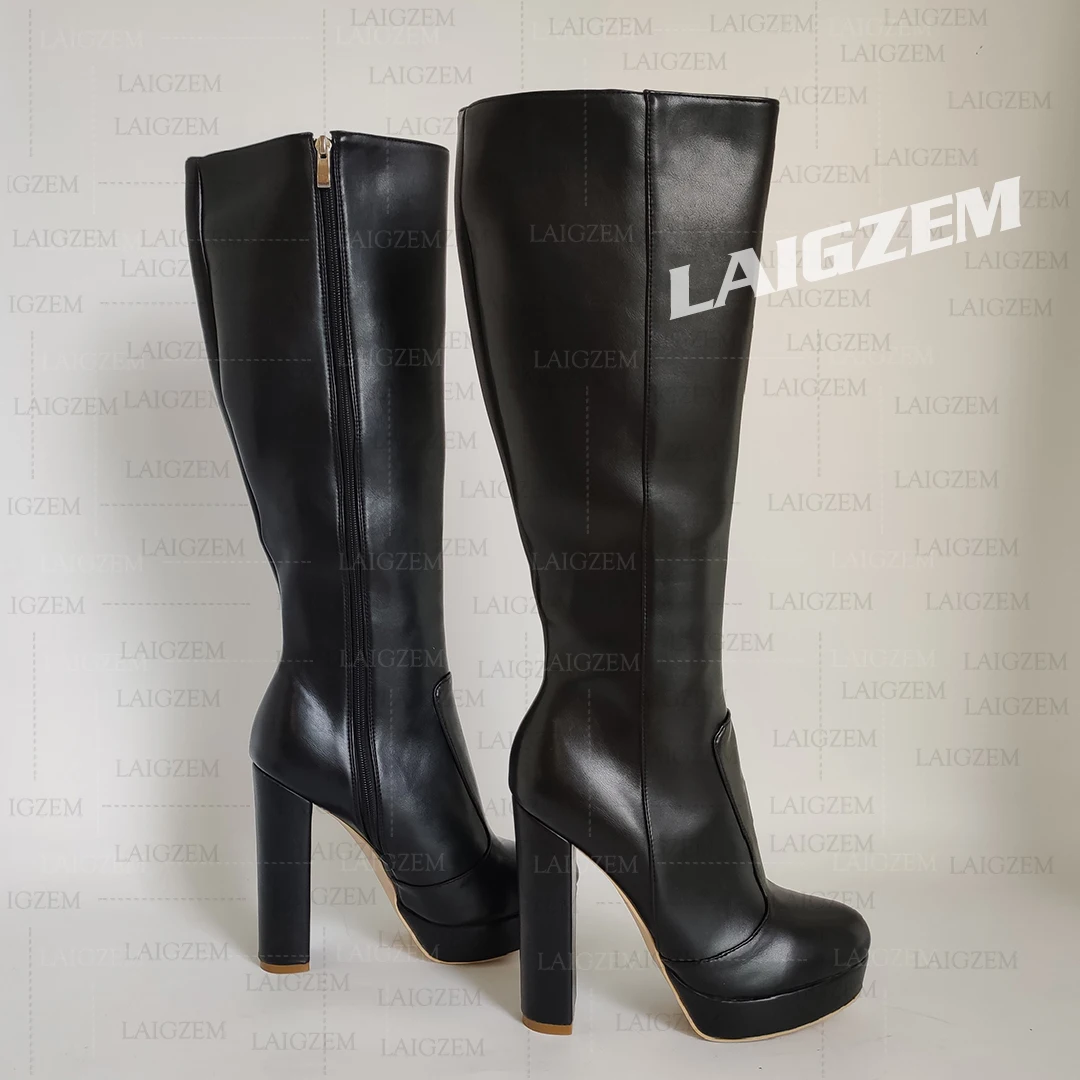 BERZIMER Frauen Kniehohe Stiefel Kunstleder Seitlicher Reißverschluss Dicke High Heels Hohe Stiefel Damen Schuhe Frau Große Größe 41 43 45 52
