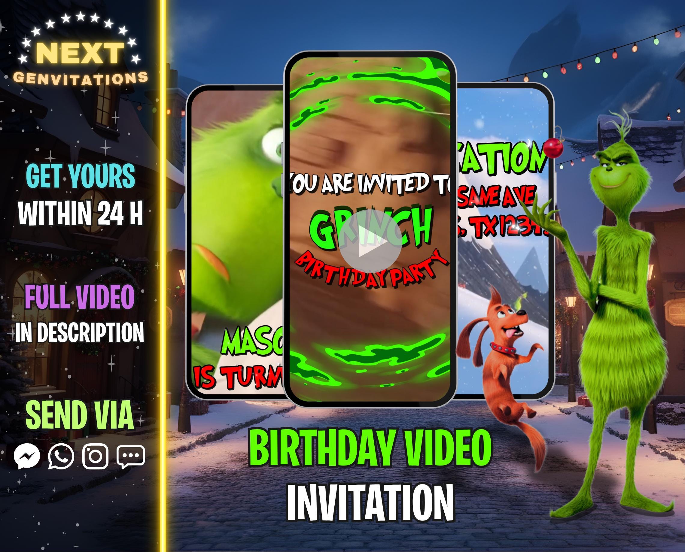 Invito di compleanno a tema Grinch, invito per la festa del Grinch, invito Grinch, invito modificabile Grinch, Grinch digitale, modello Grinch, video