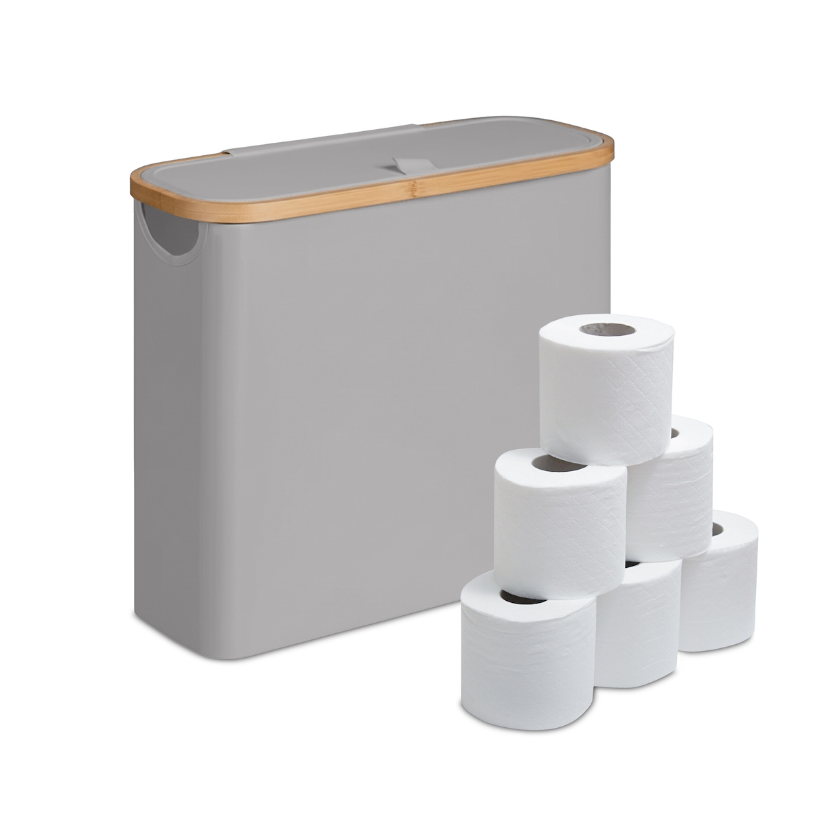 Relaxdays Toilettenpapier Aufbewahrung, 12 Rollen, HxBxT: 38 x 43 x 17 cm, Stoff, Bambus, Klopapier Korb, Vorrat, grau Image