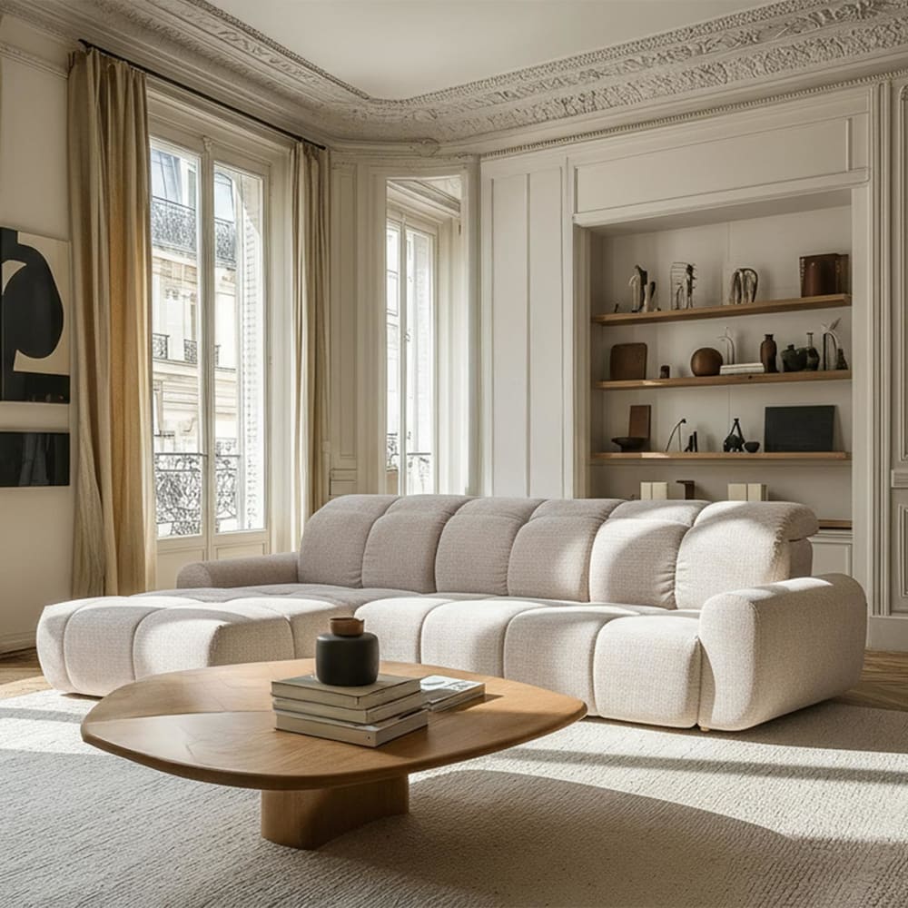 Canapé d'angle convertible 5 places en tissu beige