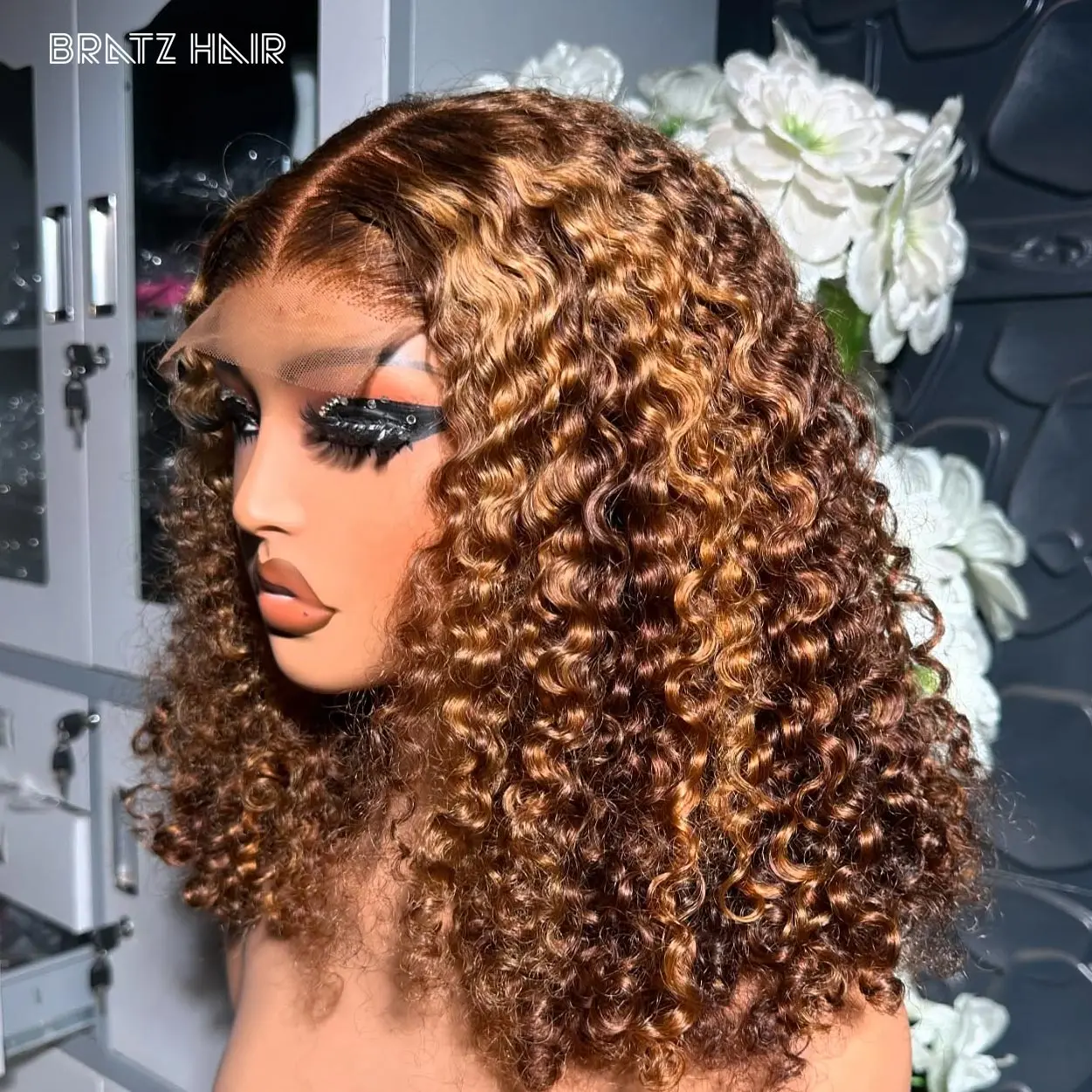 Super Double Drawn 4x4 Kinky Curly Glueless Bob Perücke aus Echthaar, Highlight Blonde Bob Perücken P4/30 Highlighted 13x4 Lace Frontal Bob