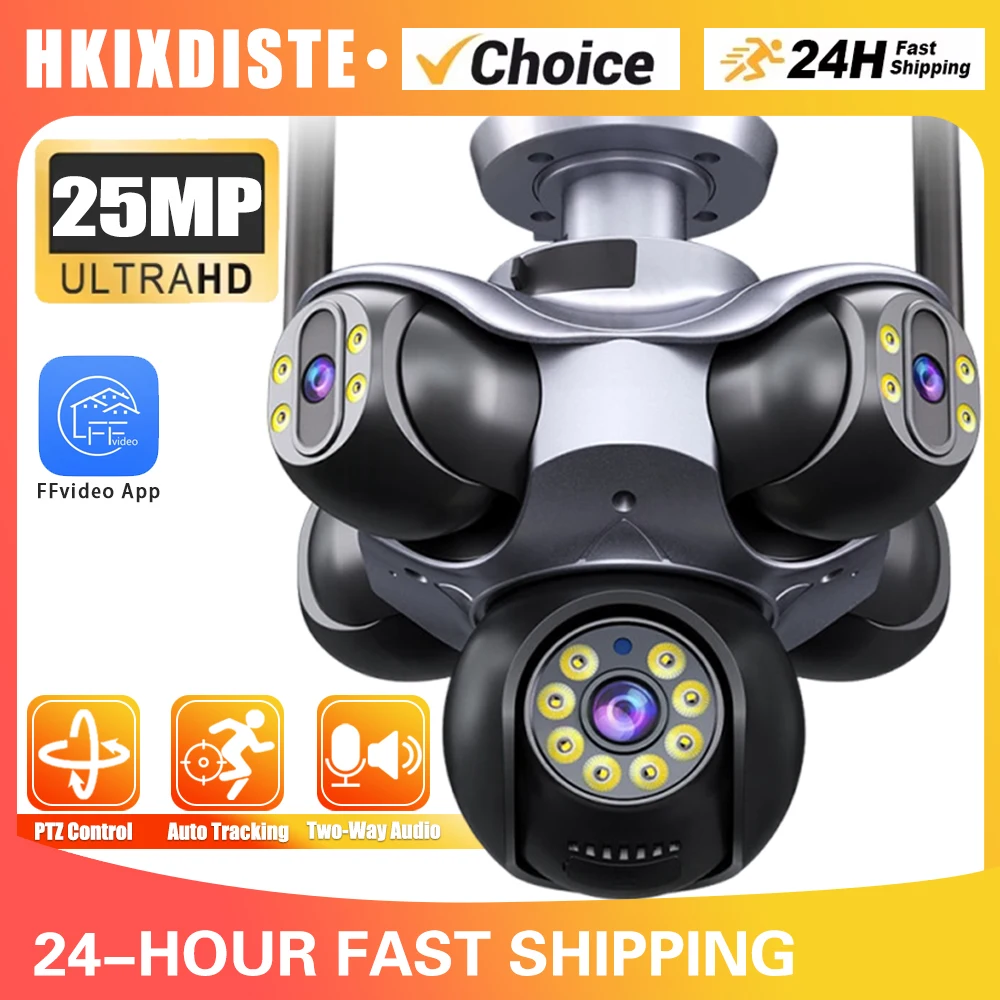 Neue 5 Bildschirm 5 Objektiv WiFi Überwachungskamera Panorama Überwachungskamera Outdoor Wasserdicht 25 MP Überwachung PTZ 360 ° Street Cam CCTV