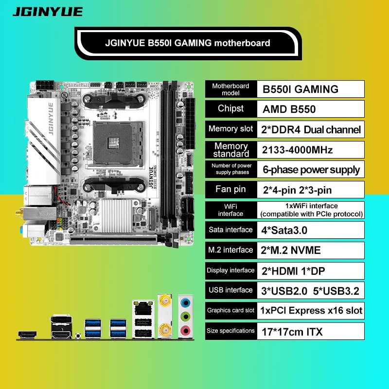 Das JGINYUE AMD B550 AM4 Mini ITX Motherboard unterstützt Ryzen R5 4000/5000 Serie Prozessoren DDR4 RAM PCI-E 4.0 B550i GAMING Image