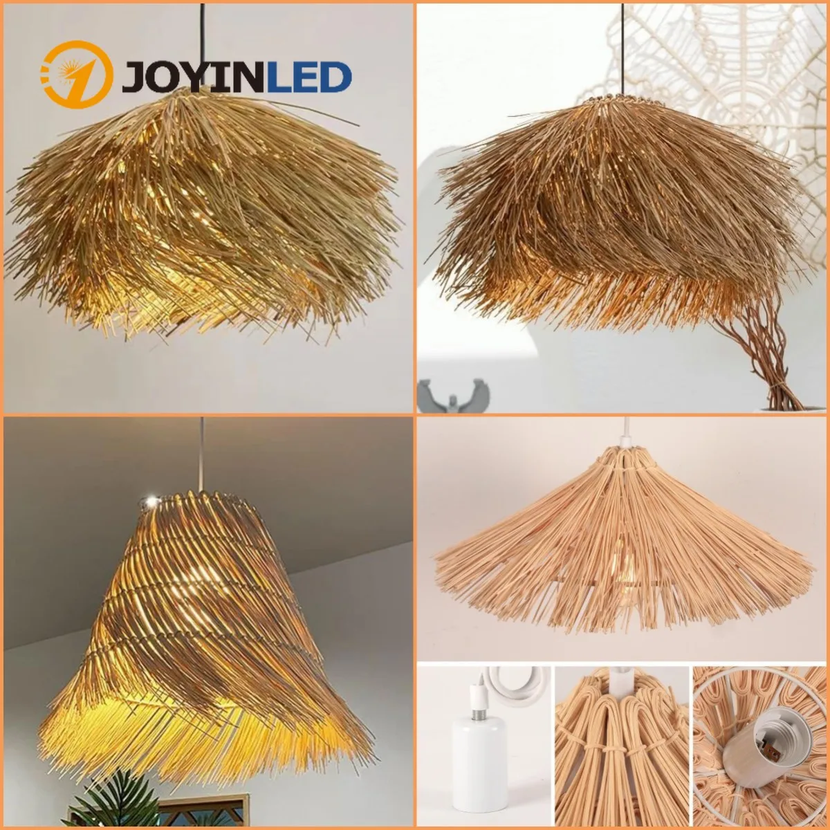 JOYINLED Handgewebter Rattan-Kronleuchter, 50 cm E27 Retro-Bauernhaus-Pendelleuchte für Restaurant, Bar, Schlafzimmer, Flur