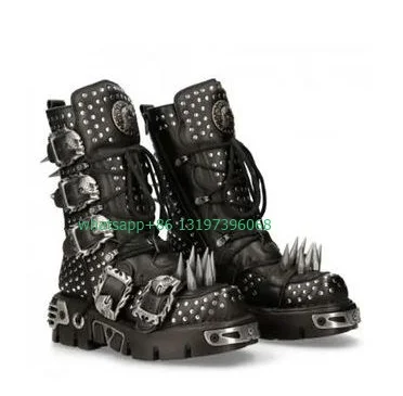Männer Punk Gothic Style besetzt Kalb Stiefel Metall Schnalle Riemen Design Stiefel Chunky Heel Schnürung Gothic Style Cowboy Schuhe Größe 35-46