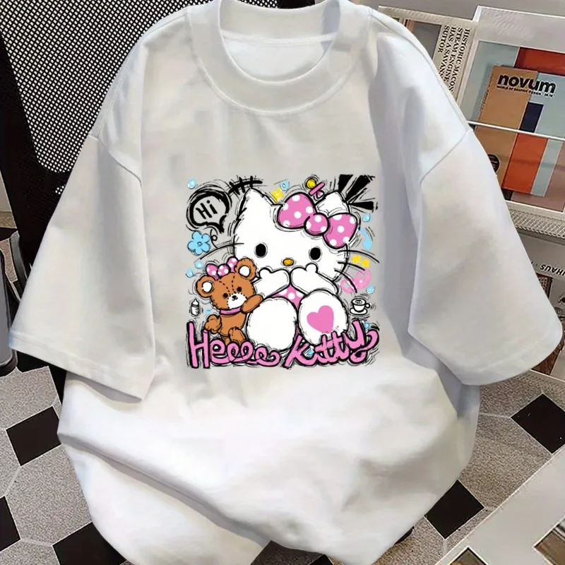 2025, neues weißes Damen-T-Shirt, süßes Hello Kitty-T-Shirt mit kreativer Y2K-Baumwolle, locker, lässig, multifunktional, kurzärmelig