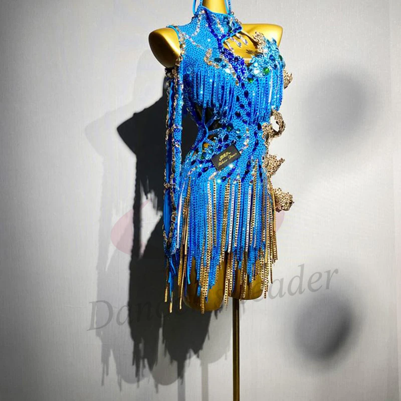 Lateinischer Tanz, AB-Stein, weiblich, Erwachsene, Kinder, hochwertiges, maßgeschneidertes, mehrfarbiges, schwarzes Pool-Samba-Kleid mit Diamantstreifen und Quaste Image