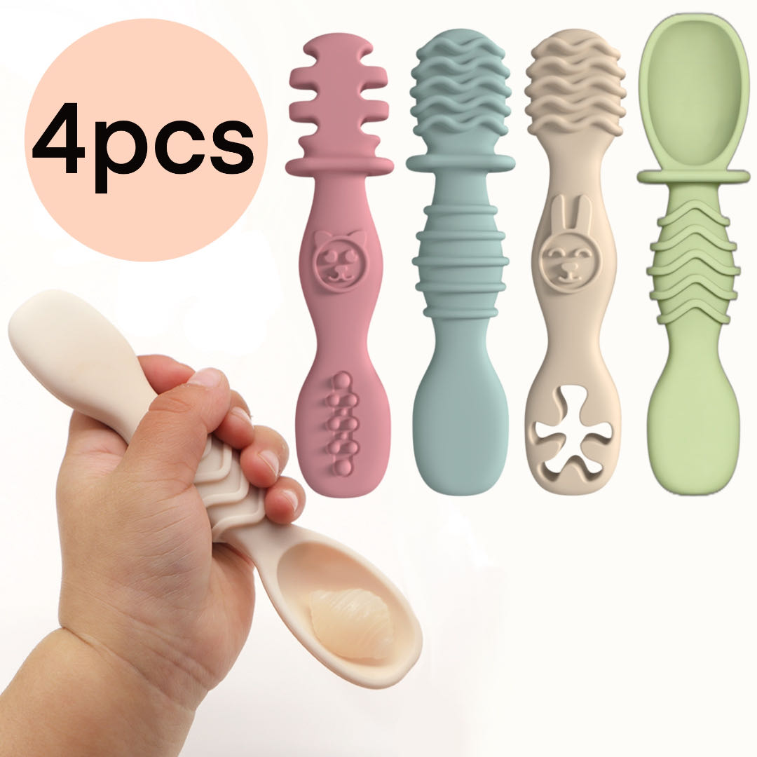 Training Spoon For Babies Over 6 Months Old, Silicone Baby Food Spoon, Christmas Gift Pick, Easy To Grip Tableware 4pc khaki