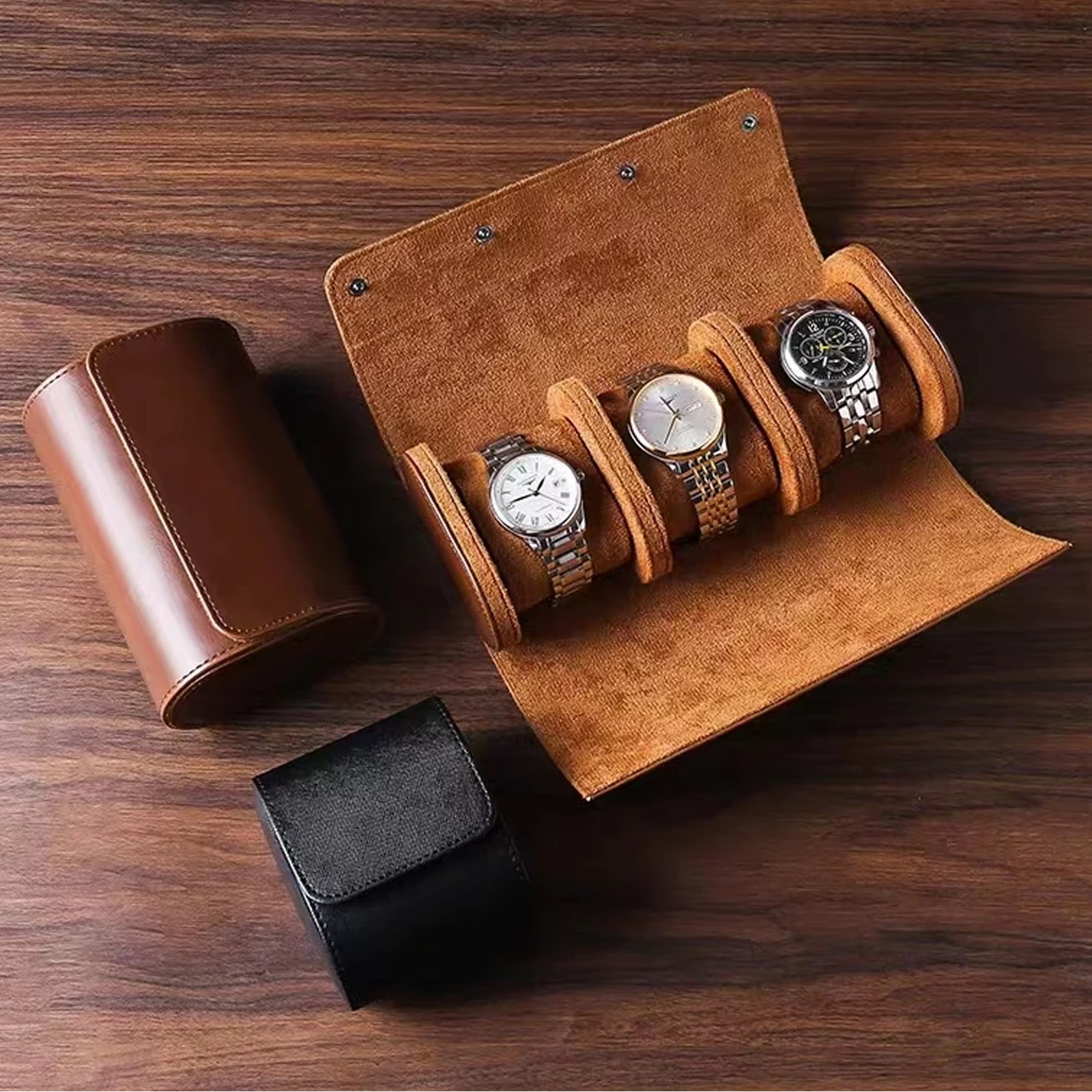 Watch Roll Travel Case, Watch Storage, Secure Organiser With Removable Pillows, Solid Watch Holder brown 3 Slot