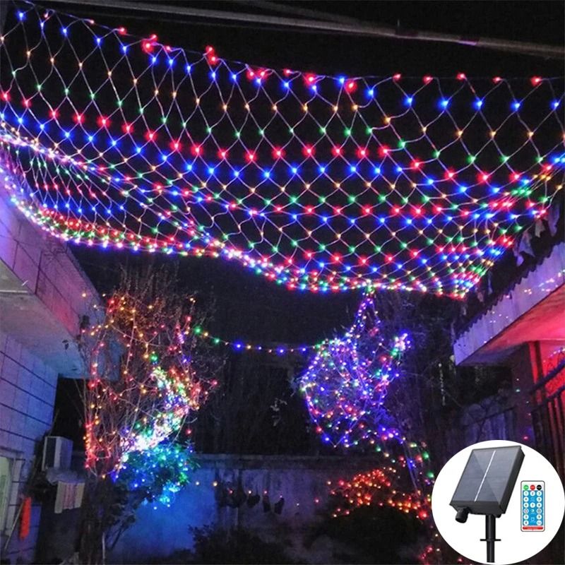 Solar Curtain Fairy Net Lights 3x2m Outdoor String Mesh For Garden And Party 3 X 2 M Eu Plug blue