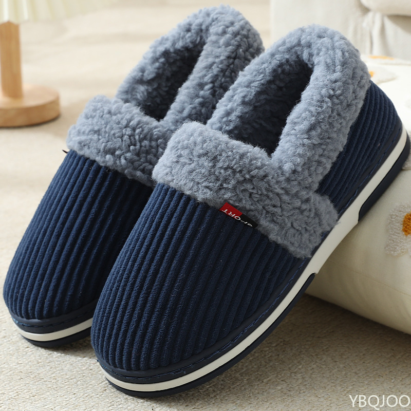 Indoor Plush Cotton Shoes Fluffy, Winter Couple Bag Heel Slippers, Men Casual Soft Soled Shoes Fur Non Slip Slippers navy Blue 46 47