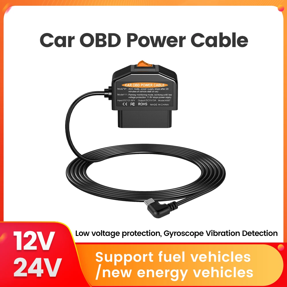 OBD-Stromkabel für universelle Auto-Schnittstelle, Plug-and-Play mit Schalter für Dashcam, Camcorder, Fahrzeug, DVR, Mini-Micro-Typ-C-Anschluss Image