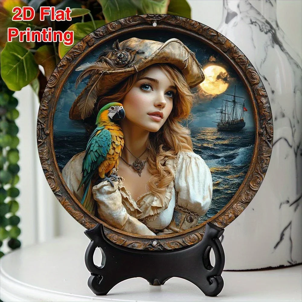 Rundes Metallschild „Captain Woman“ mit Papagei, 20,3 x 20,3 cm, rustikales Bauernhaus, Küche, Wohnzimmer, Dekoration, Vatertagsgeschenk Image