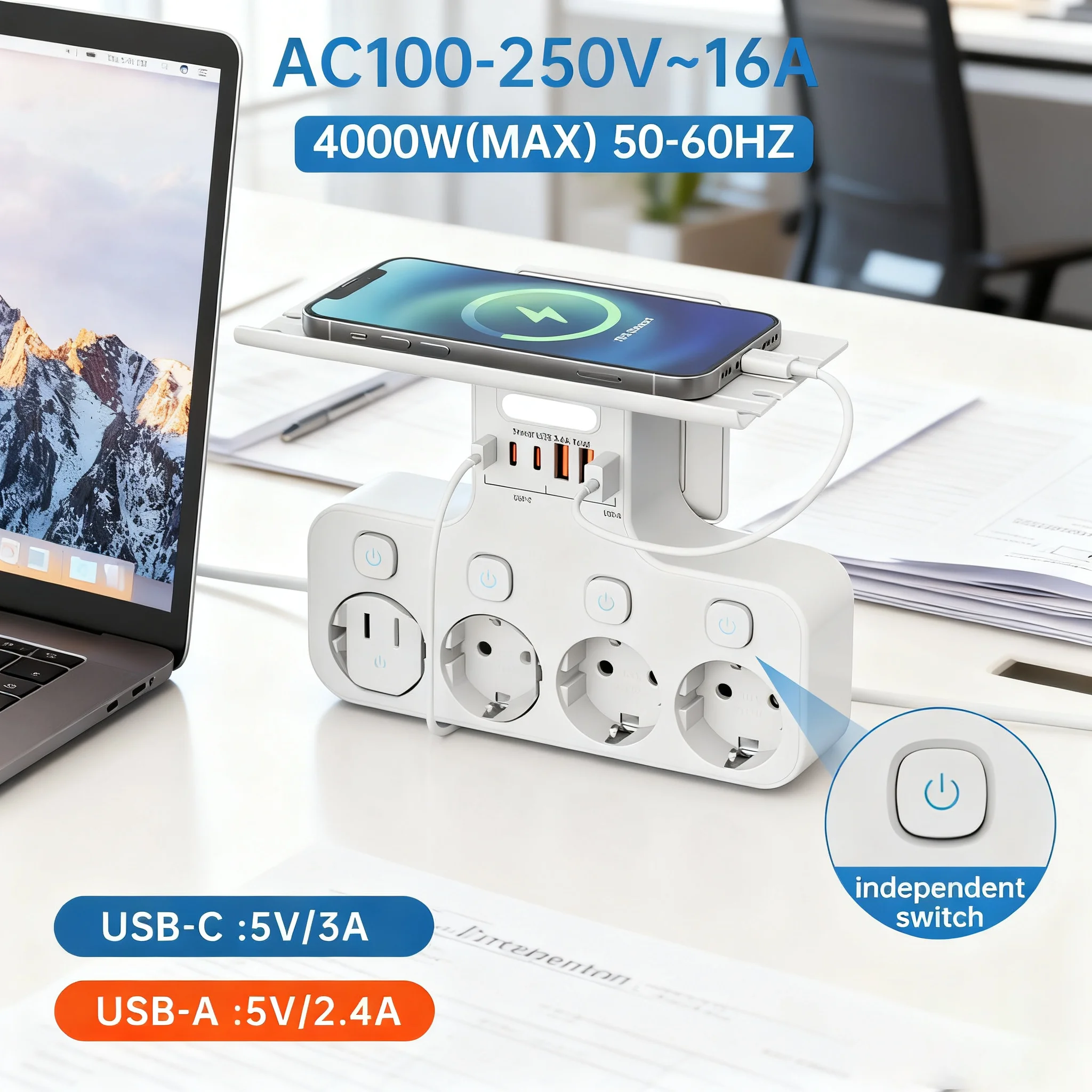 EU-Multifunktions-Steckdosenleiste, 3250W Wandmontage, unabhängige Schalter, Sensor-Nachtlicht, abnehmbarer Halter, 4 AC + 3 USB-C + 3 USB-A Anschlüsse