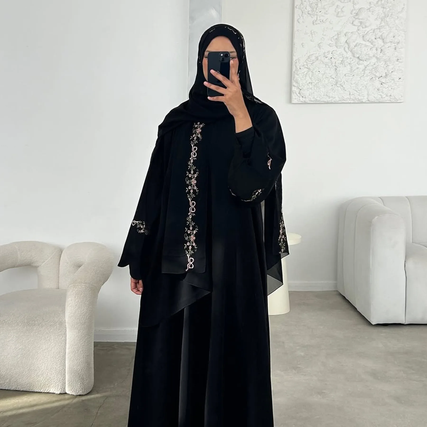 Eid Frauen Abaya Schal Emboridery Strickjacke Offenen Kleid Muslimischen Jalabiya Ramadan Dubai Vestidos Largos Party Arabischen Lange Robe Kaftan Image