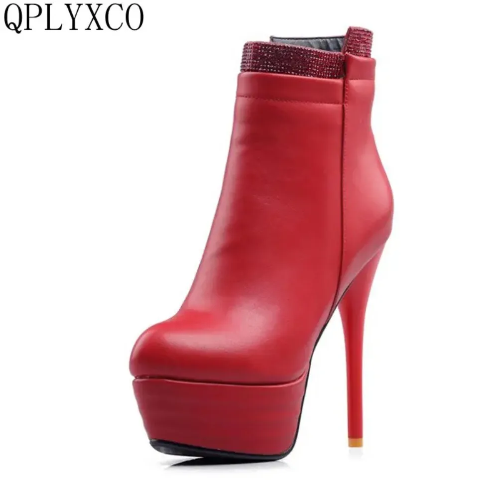 QPLYXCO 2017 Neue Verkauf Große Kleine Größe 31-46 Knöchel Kurze Stiefel Winter Sexy Frauen Runde Kappe High Heels (14 cm) Hochzeit Schuhe 559