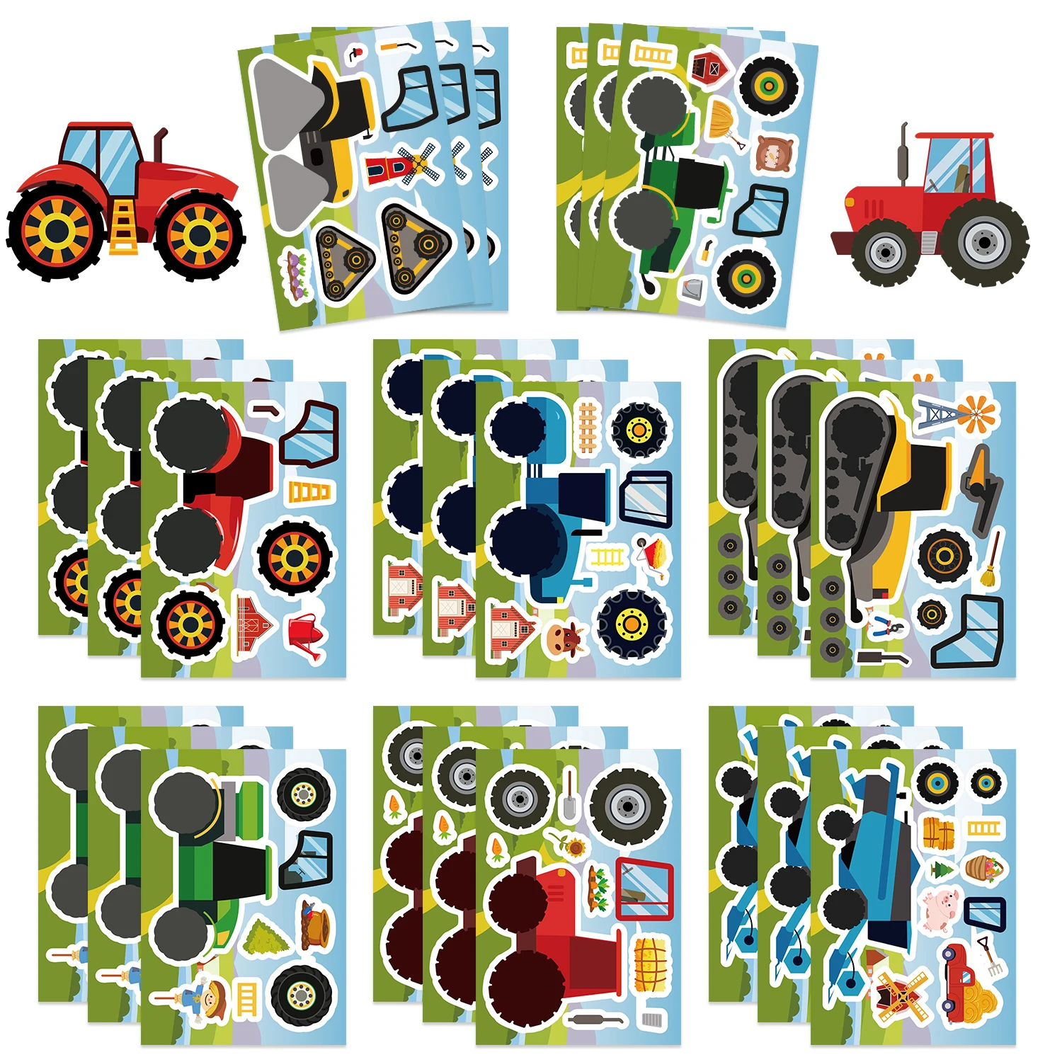8/16/24PCS Bauernhof Traktor Machen ein Gesicht Puzzle Aufkleber Ländlichen Bau Fahrzeug Puzzle DIY Notebook Geburtstag partei Liefert Kind T Image