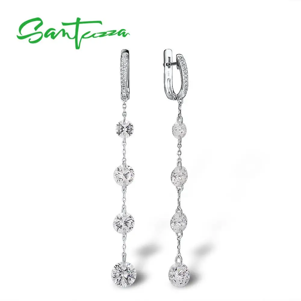 SANTUZZA Orecchini pendenti in argento sterling puro 925 per le donne Bianco lucido CZ Eleganti orecchini pendenti lunghi Gioielleria raffinata fatta a mano