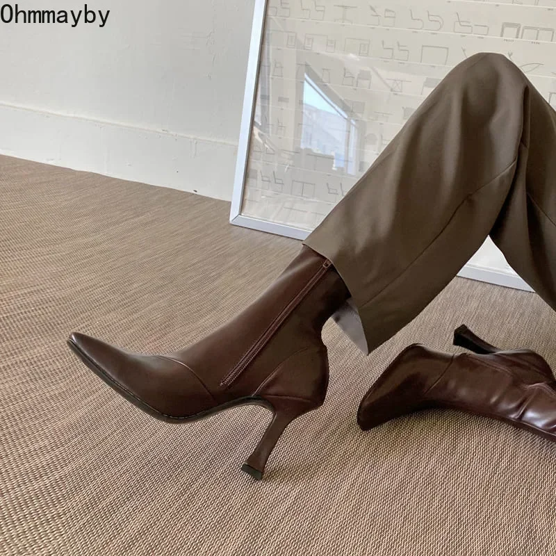 Schwarz Frauen Stiefeletten Frau Dünne Hohe Ferse Mode Spitz Zipper Winter frauen Schuhe Leder Weiß Kurze Booties