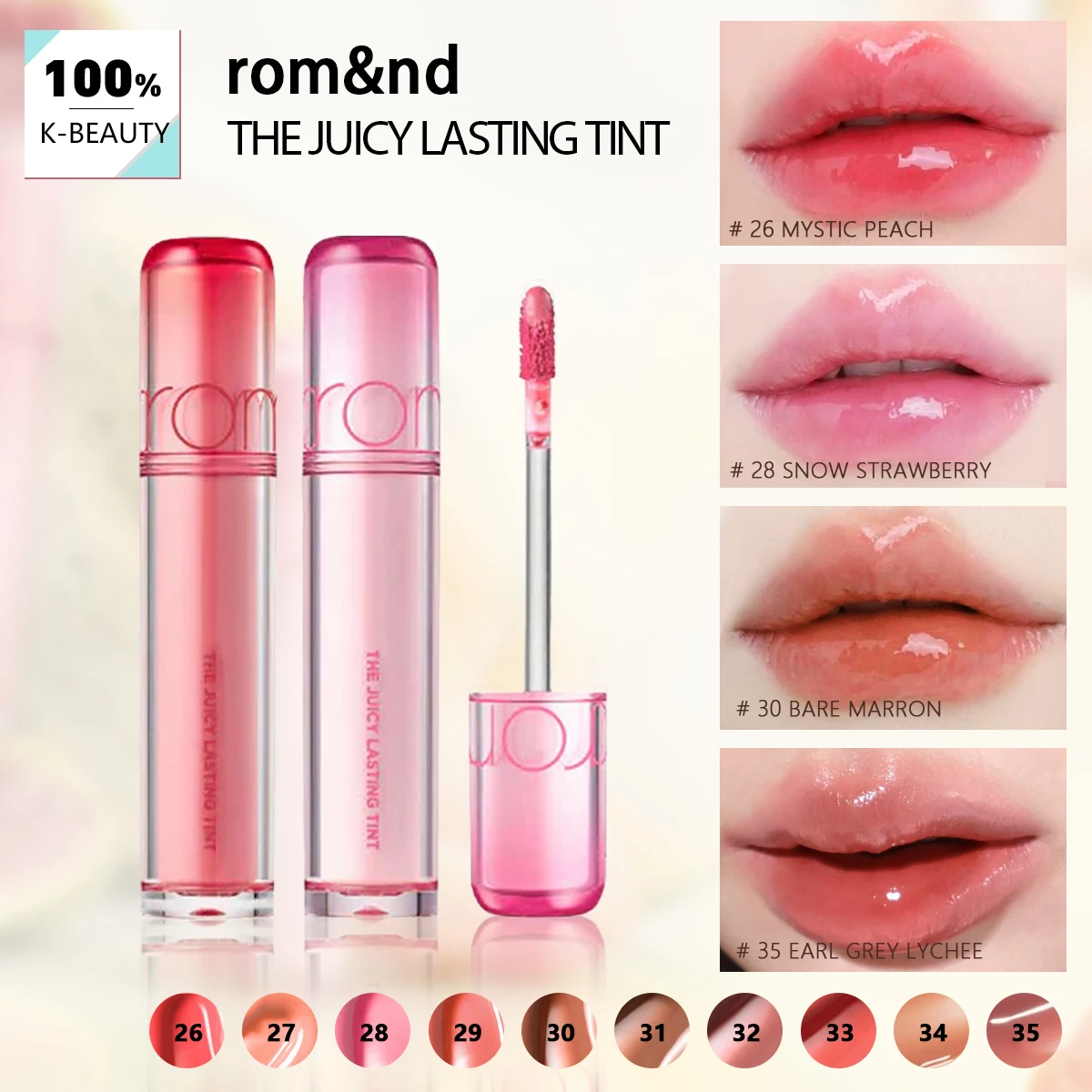 rom&nd THE JUICY LASTING TINT-10 Farbtöne, Spiegelglanz-Finish, Lipgloss, Luxus-Make-up, Koreanische Kosmetik, K-Beauty, Koreanisches Make-up