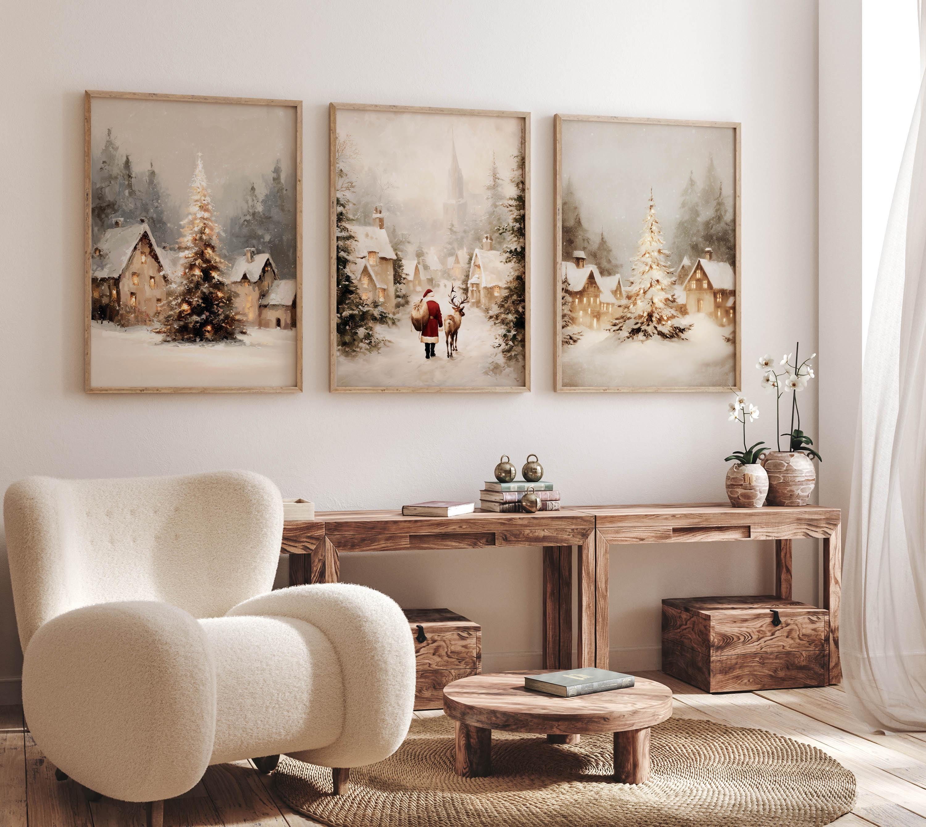 Set di 3 stampe murali natalizie rustiche: stampe invernali di Babbo Natale e renne, dipinto di un villaggio natalizio innevato, decorazioni natalizie