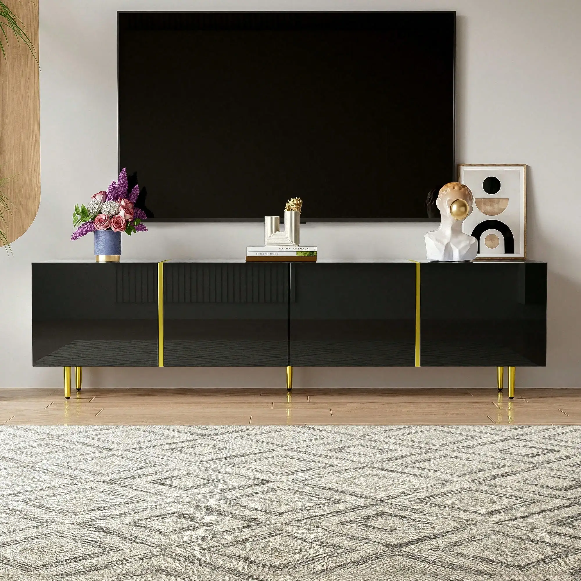 Meuble TV ΜΜ, noir haute brillance, meuble TV bas à 4 portes, meuble TV moderne, 170 x 35 x 46 cm