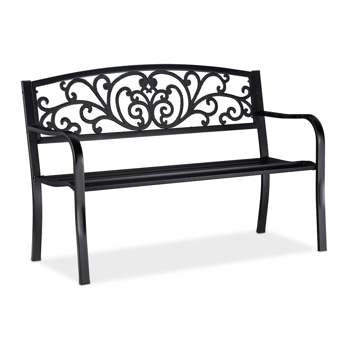Relaxdays Gartenbank, bequemer 2-Sitzer, mit Vintage-Ornamenten, für Terrasse, Balkon, HxBxT 86,5 x 127 x 60 cm, schwarz Image