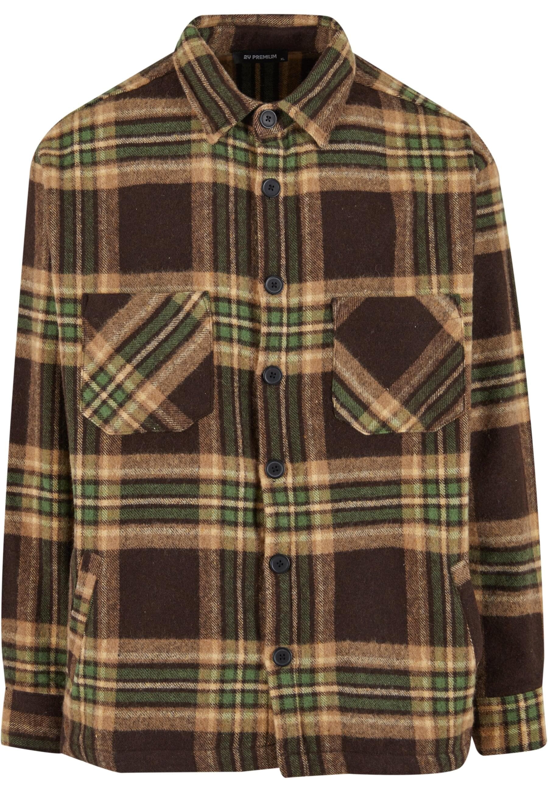 Langarm-Poloshirt 2Y PREMIUM "2Y Premium 2Y Premium Woven Hemden", Herren, Gr. L, braun, 50% Polyester, 50% Wolle, kariert, oversize, amerikanischer Ausschnitt, Shirts