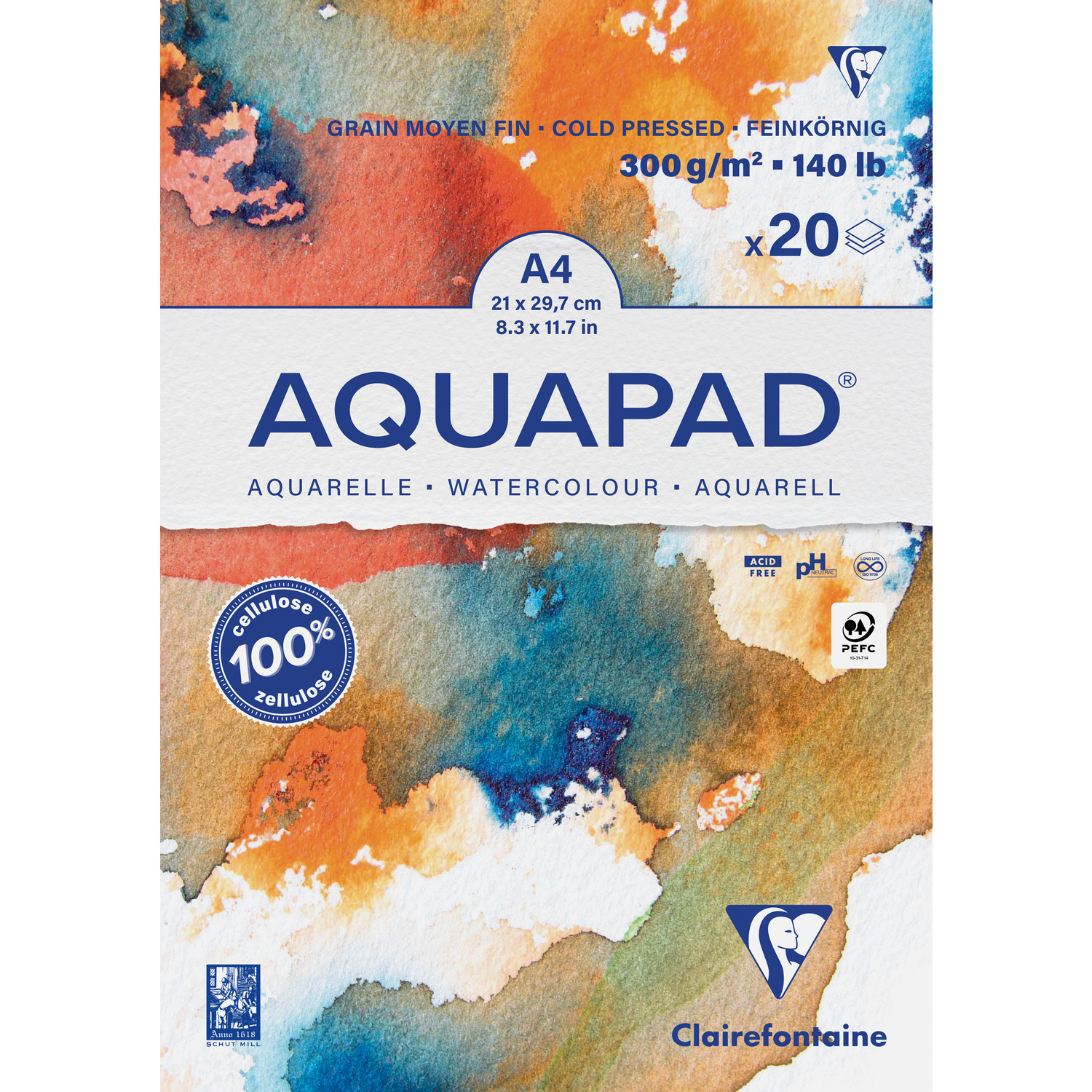 Bloc de papier aquarelle, A4, 20 feuilles, 300 g/m²