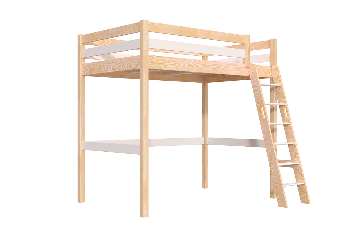 Lit mezzanine 1 place bois Sylvia 120x200 échelle inclinée - Vernis naturel/Blanc