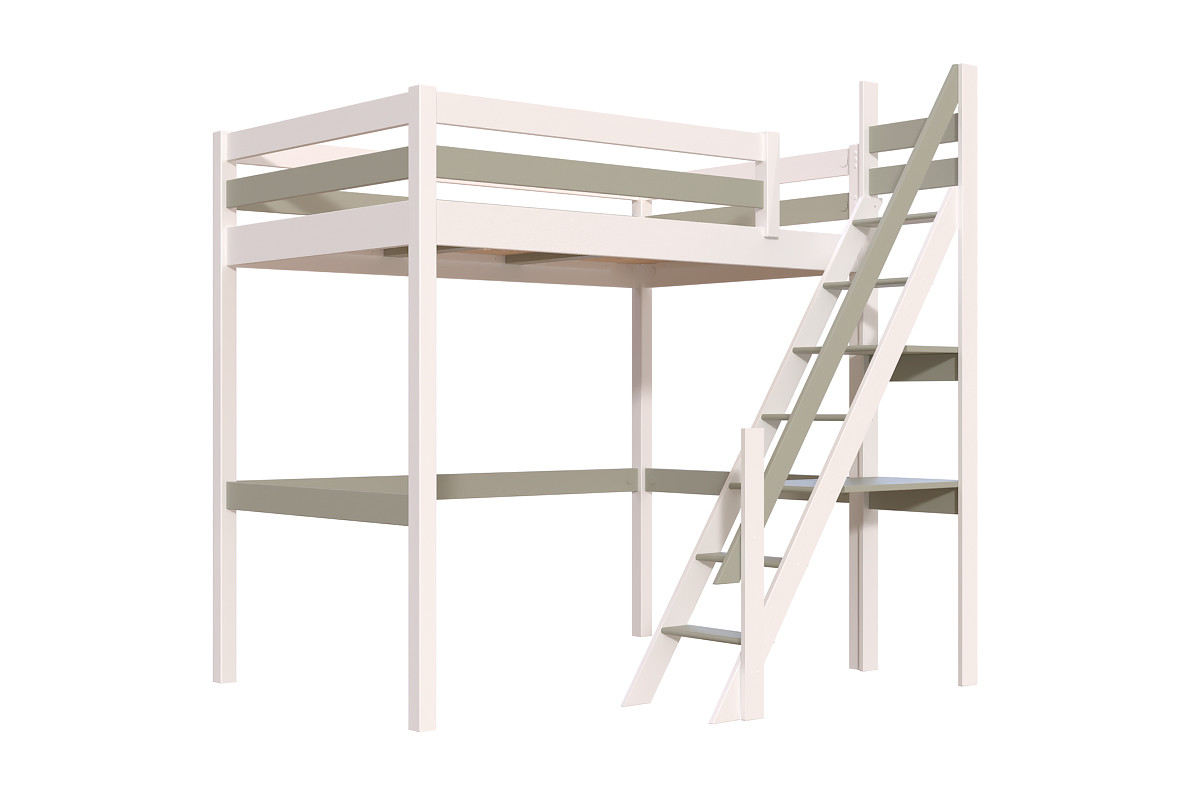 Lit mezzanine bois 120x200 Sylvia avec escalier de meunier - Blanc/Moka