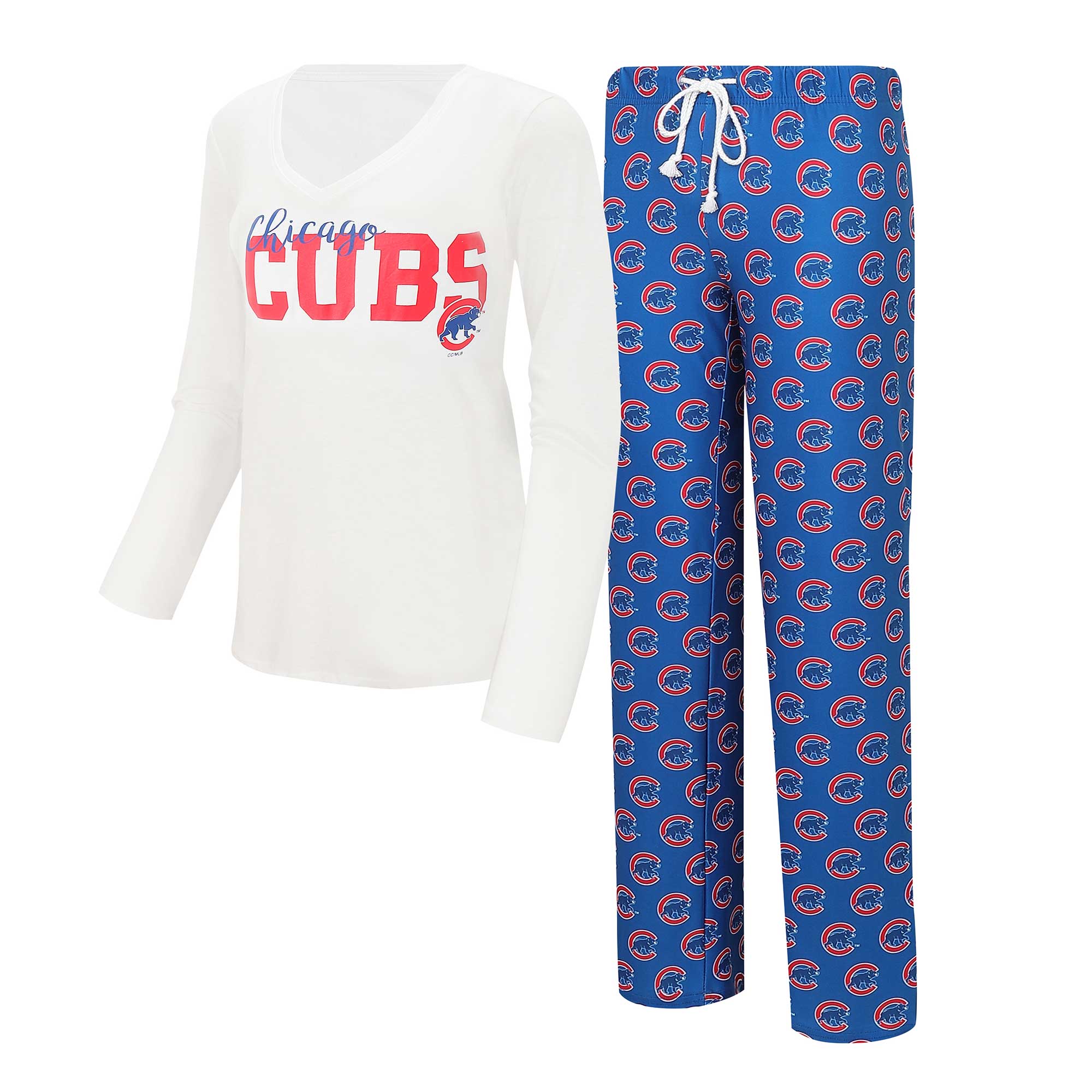 Damen-Schlafanzug-Set von Concepts Sport in Weiß/Royal Chicago Cubs mit langärmeligem V-Ausschnitt-Top und Hose. Image