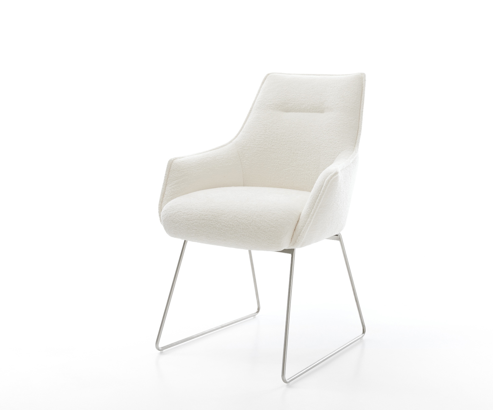 DELIFE Esszimmerstuhl Alja-Flex mit Armlehnen Bouclé Soft Beige Kufengestell Edelstahl Taschenfederkern, Esszimmerstühle Image