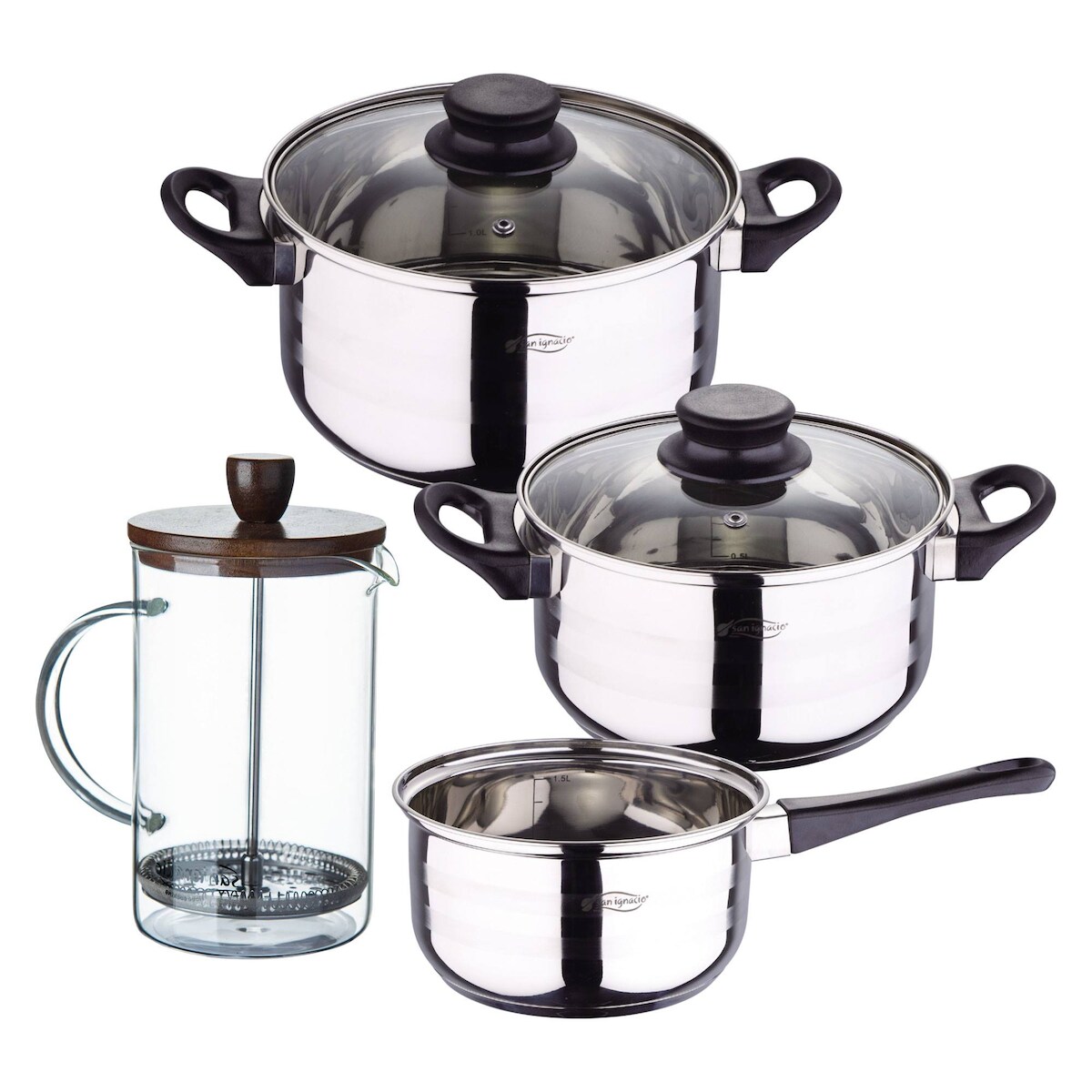 BERGNER - 5-teiliges Kochset 16/18/20 cm aus Edelstahl induktionsgeeignet mit French Press 15,8×10×18,8 cm aus Borosilikatglas Image