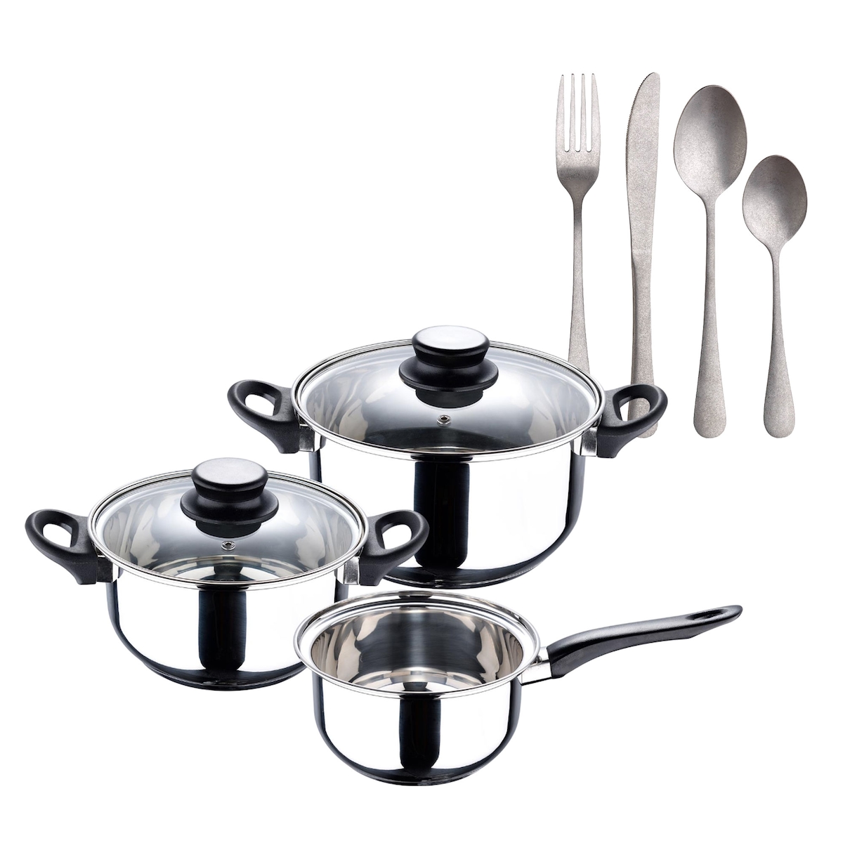 BERGNER - NOIA 5-teiliges Edelstahl-Kochgeschirr-Set, induktionsgeeignet, mit 16-teiligem Edelstahl-Besteckset Image