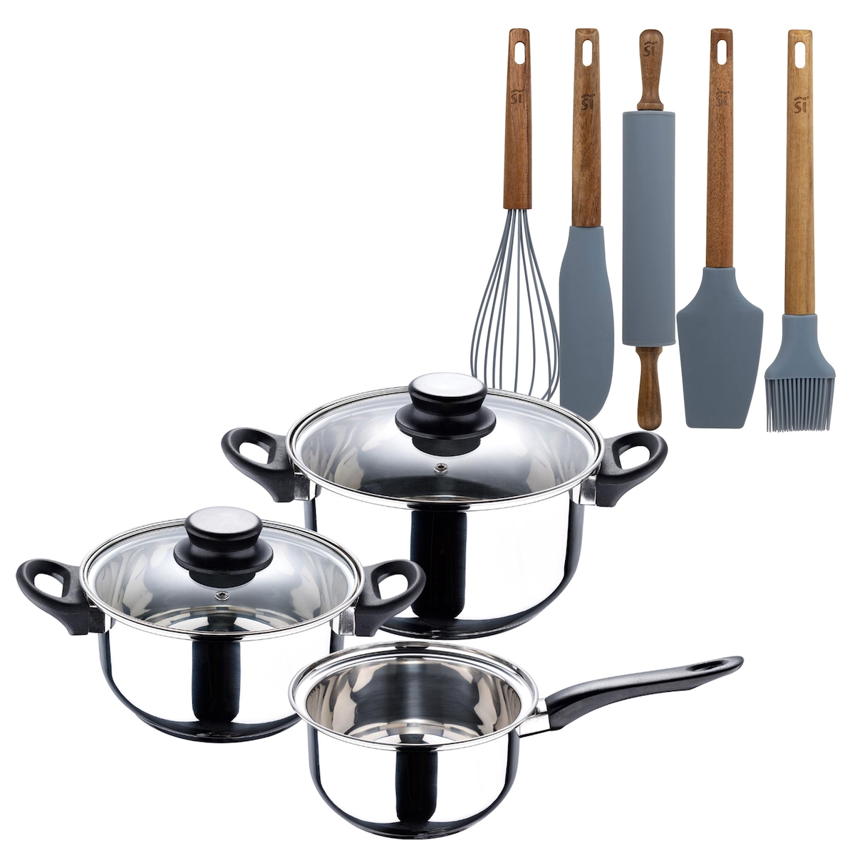 BERGNER - 5-teiliges Edelstahl-Kochgeschirr-Set, geeignet für Induktionsherde, mit 5 Küchenutensilien aus Silikon und Holz Image